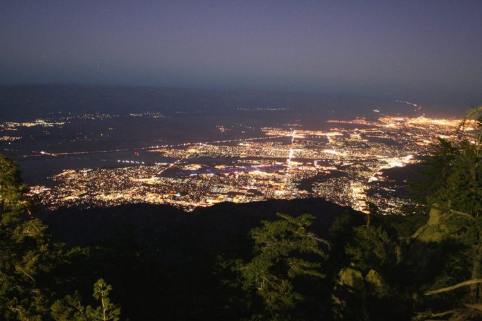 The view of the Coachella Valley at night from the Palm Springs Tram