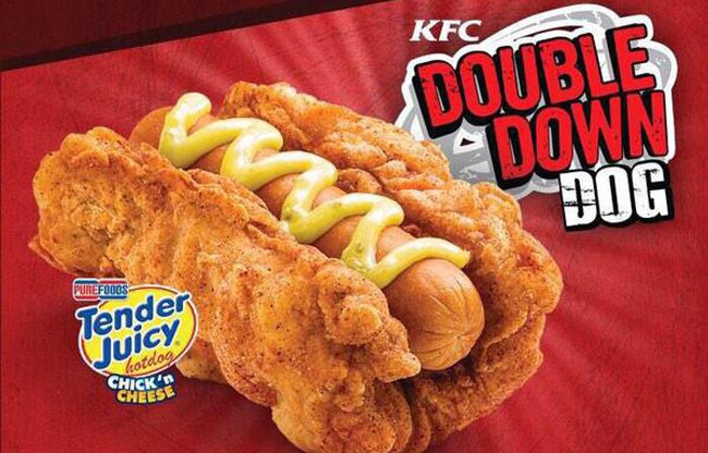 KFC Double Down Dog.  A Hot dog wrapped in a deep fried chicken breast