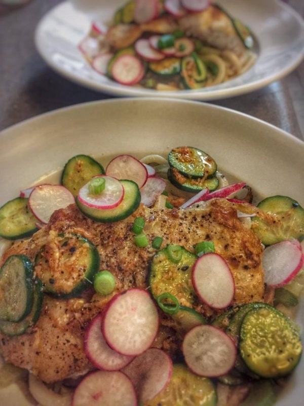 Blue Apron Seared Cod & Udon Noodles with Shiitake Broth & Togarashi-Spiced Cucumber prepared