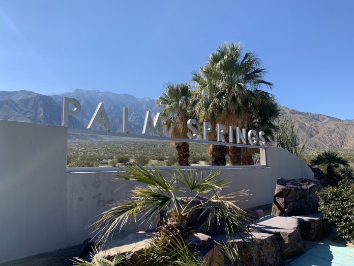 The iconic Palm Springs sign located at the Visitors Center at the base of the tram